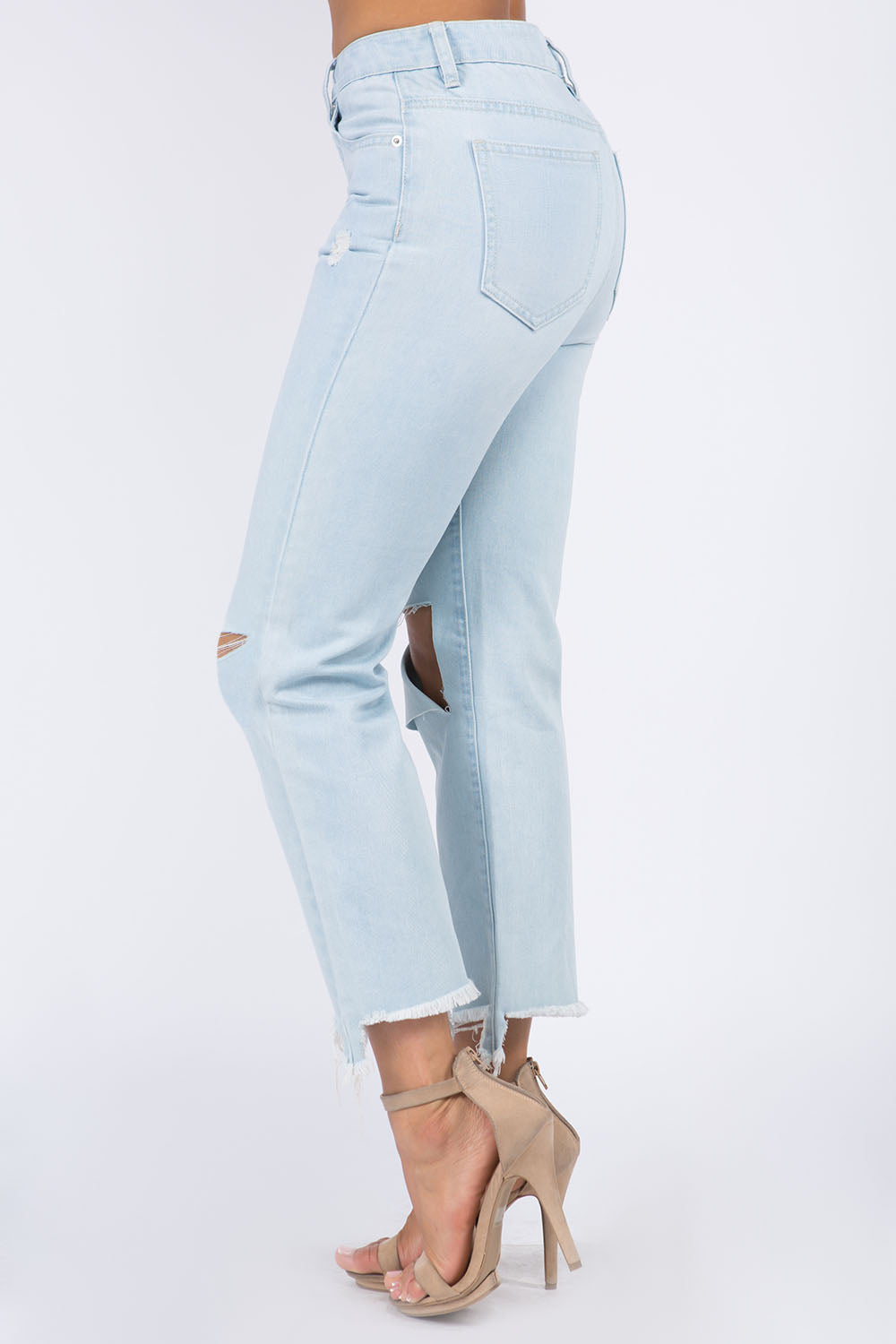 American Bazi Women's High Waist Distressed Raw Hem Jeans - Stylish Cotton Denim