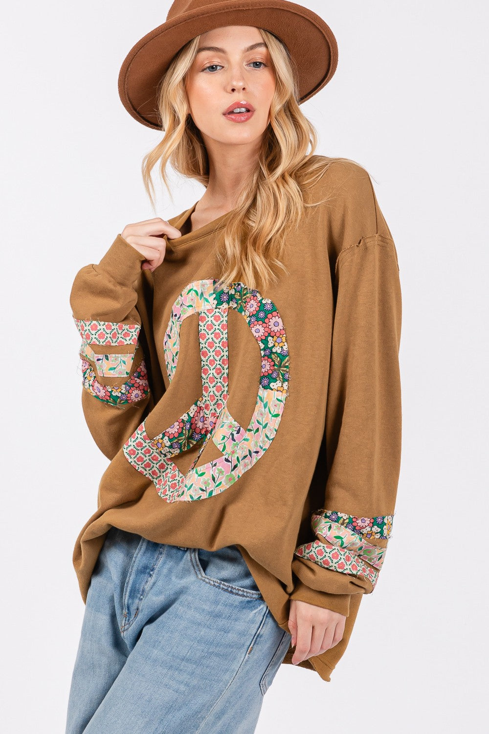 SAGE + FIG Peace Applique Patch Cotton Long Sleeve Top - Comfortable Casual Style