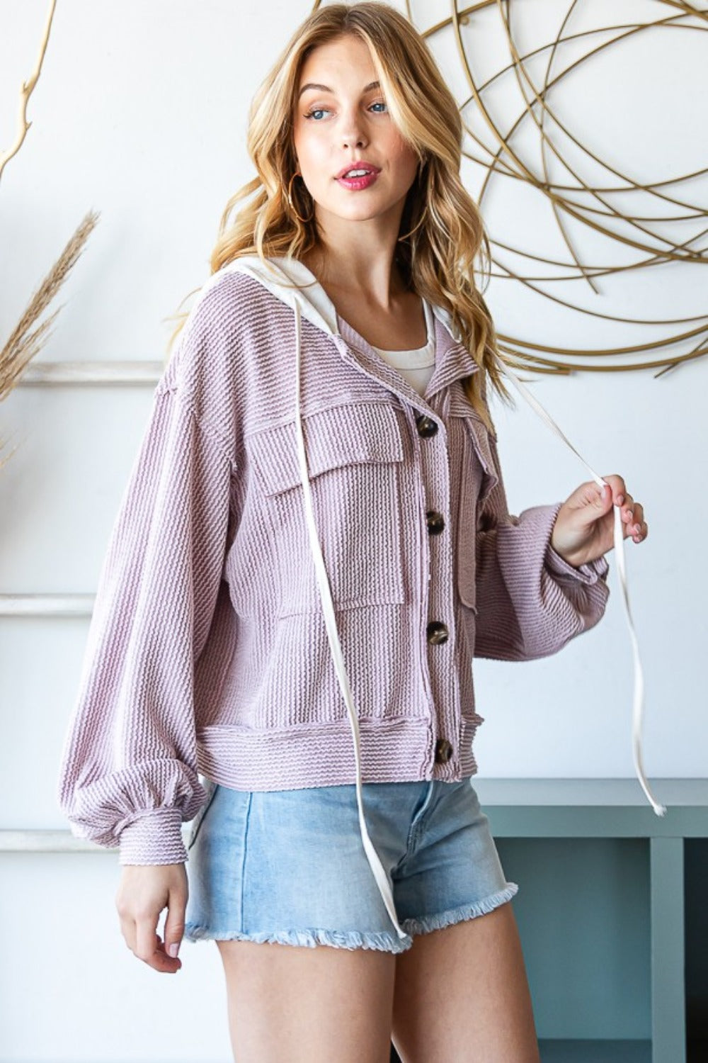 Reborn J Contrast Hooded Ribbed Jacket with Button Down - Chic & Versatile Outerwear