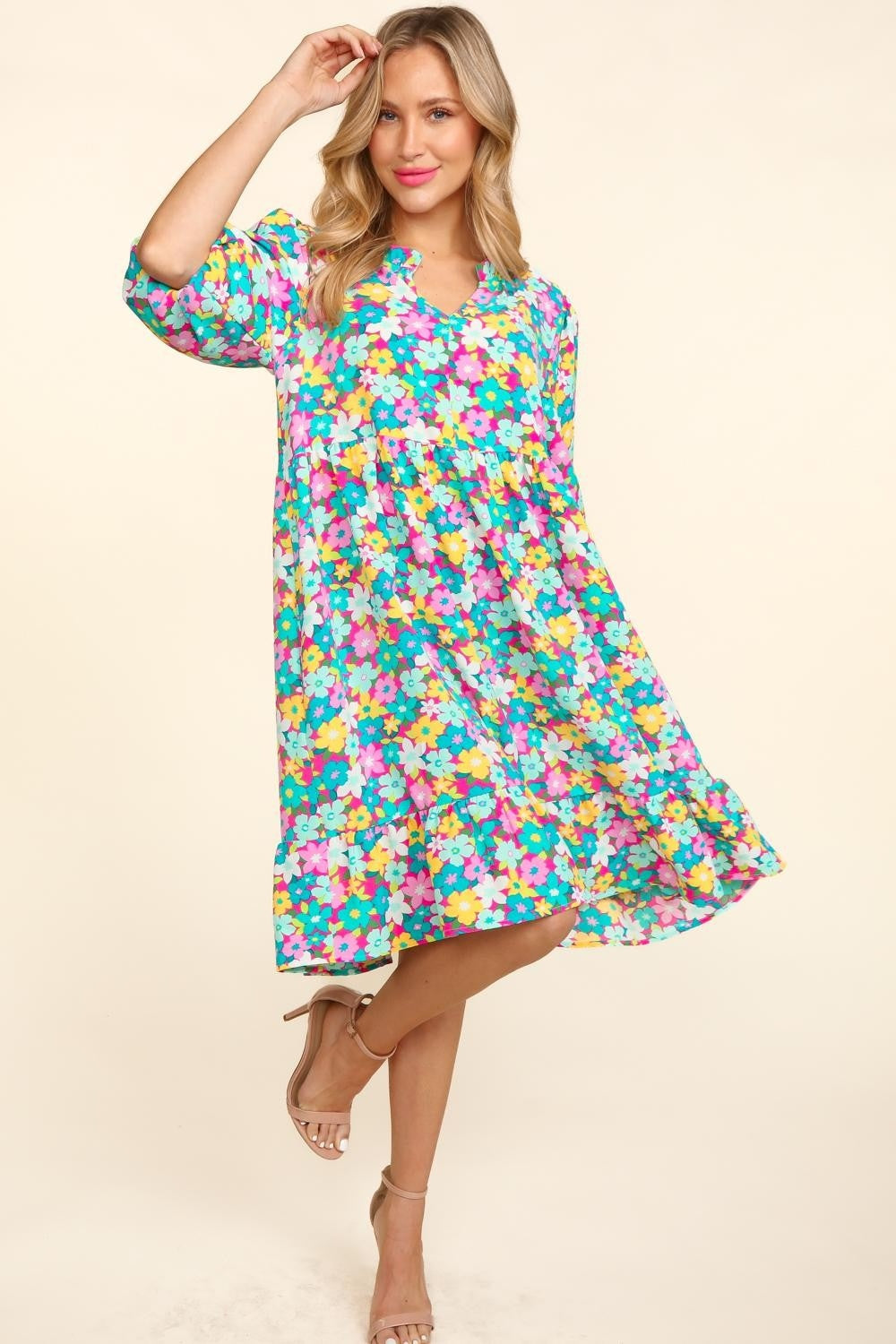 Haptics Women's Floral Ruffled Bubble Sleeve Dress