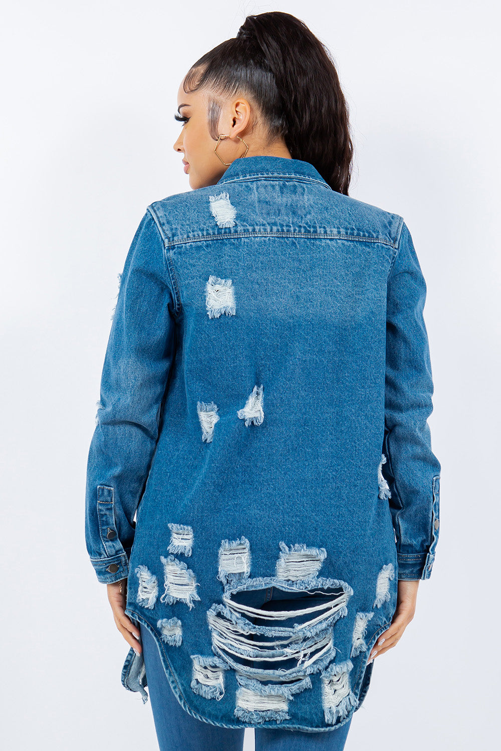 American Bazi Women's Distressed Long Sleeve Denim Jacket - Trendy Button-Up
