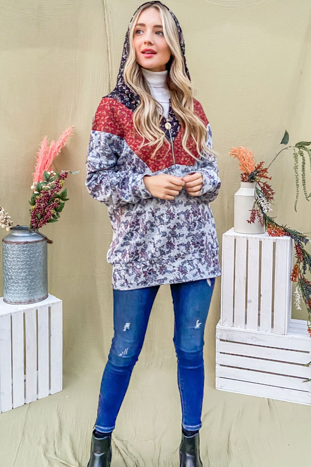 Trendy Printed Half Zip Up Long Sleeve Hoodie for Casual Comfort