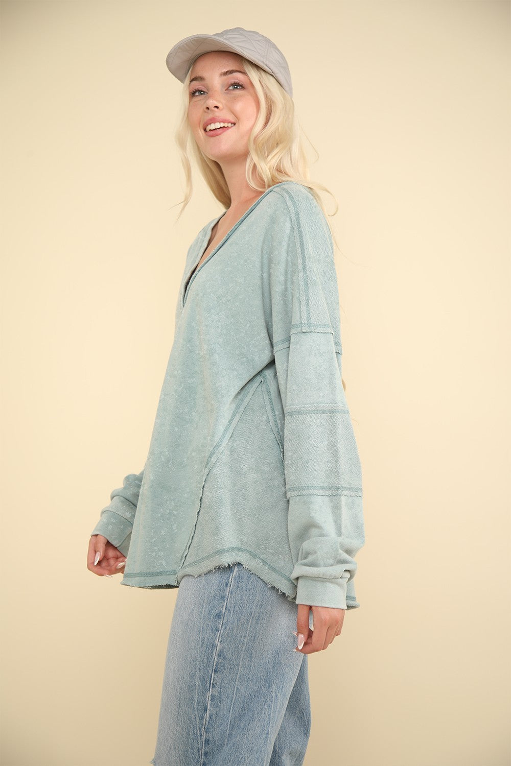 VERY J Women's Washed V-Neck Knit Top with Stylish Exposed Seams & Button Details