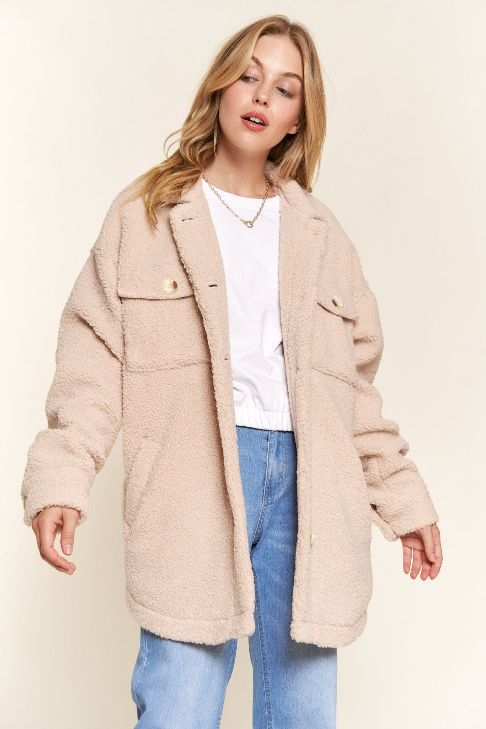 Cozy Teddy Sherpa Button-Down Shacket with Curved Hem - And The Why