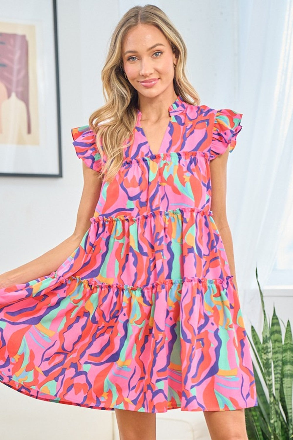 First Love Full Size Ruffle Cap Sleeve Tiered Dress - Chic Printed Design