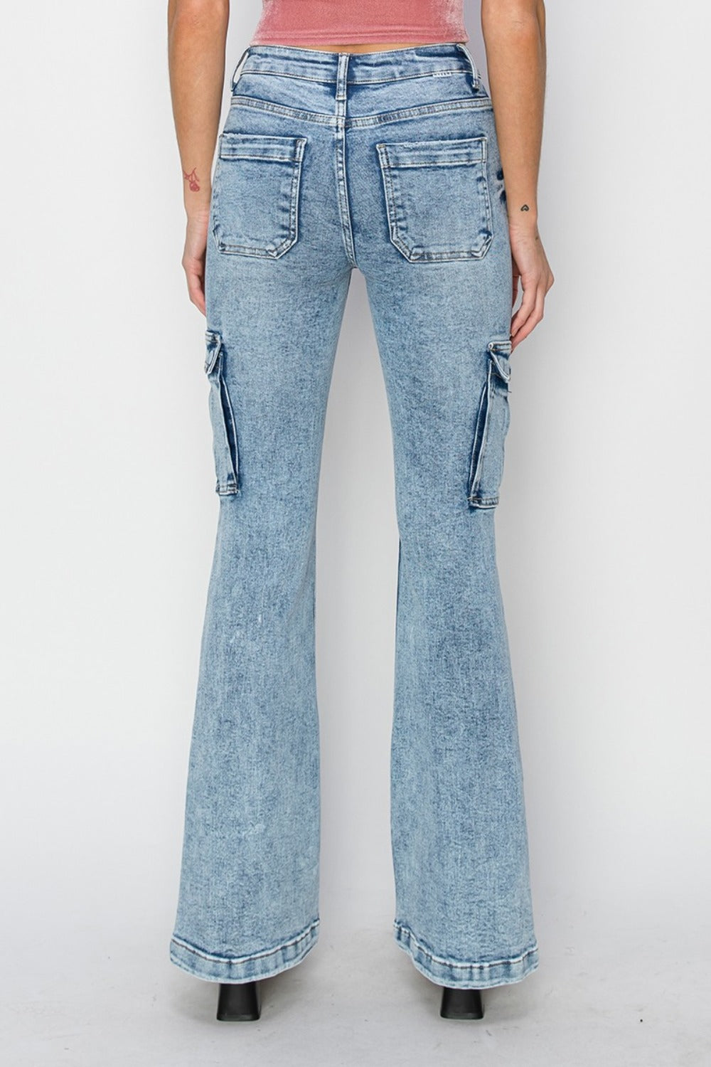 RISEN High Rise Cargo Flare Jeans - Vintage Flare with Modern Comfort