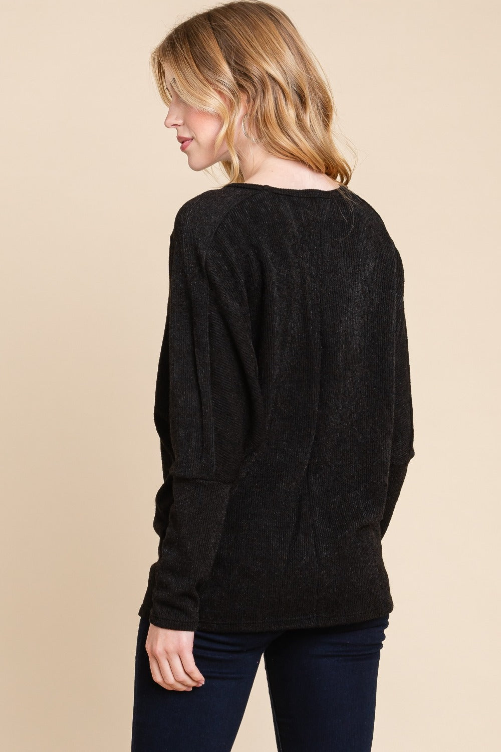 BOMBOM Women's Drop Shoulder Long Sleeve Rib Knit Top - Casual Chic