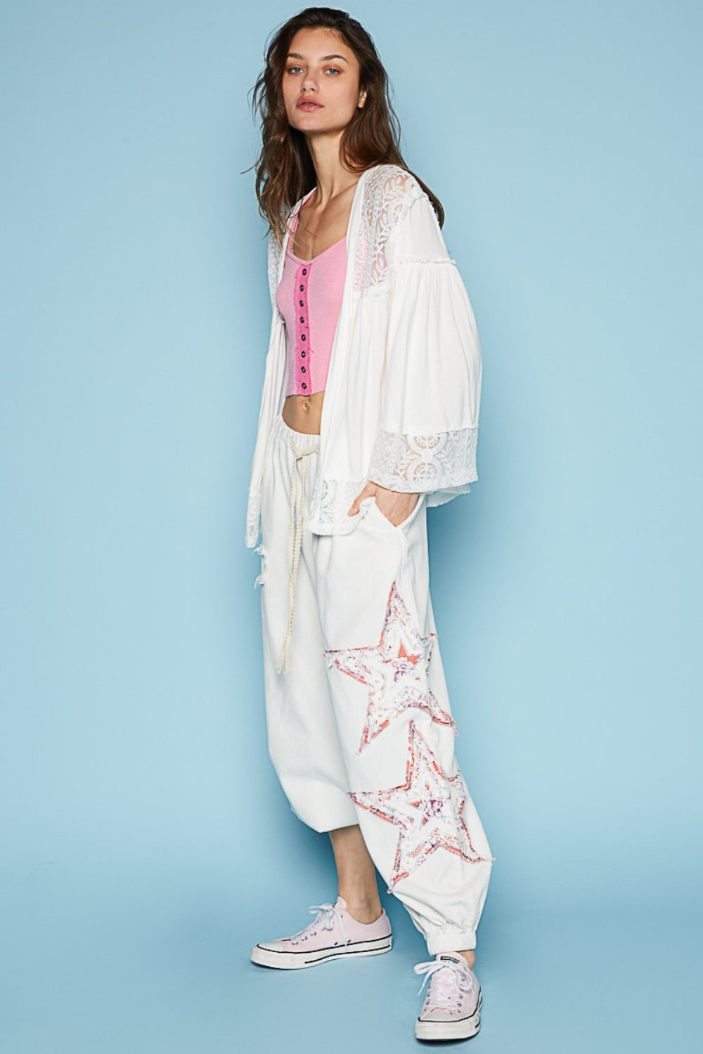 POL Women's Open Front Lace Detail Cardigan - Chic Oversized Fit with Bell Sleeves