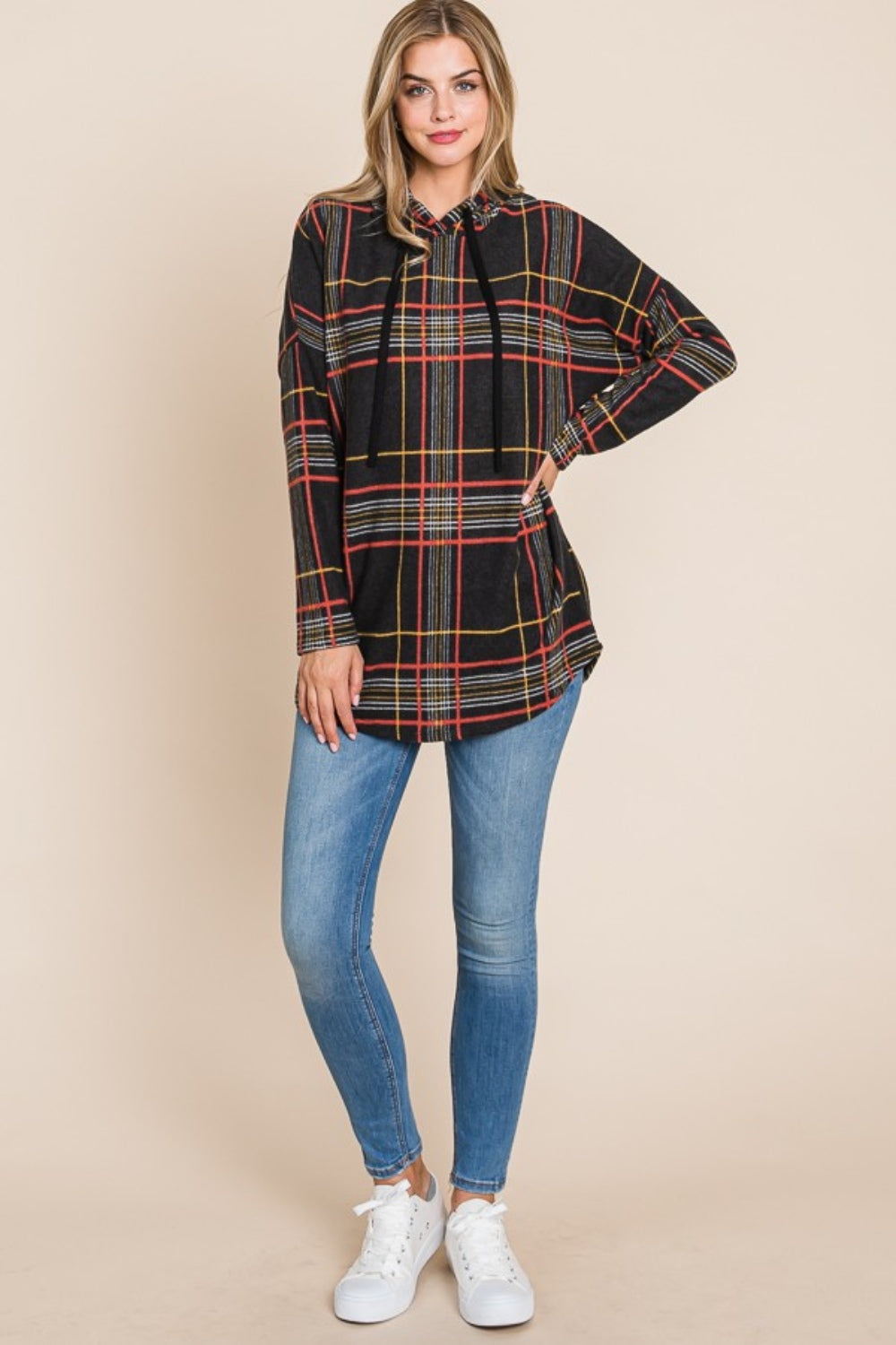 BOMBOM Drawstring Plaid Long Sleeve Hoodie - Stylish & Cozy Comfort