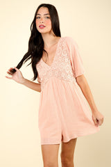 VERY J Lace Detail Puff Sleeve Romper with Pockets - Romantic Cotton Style