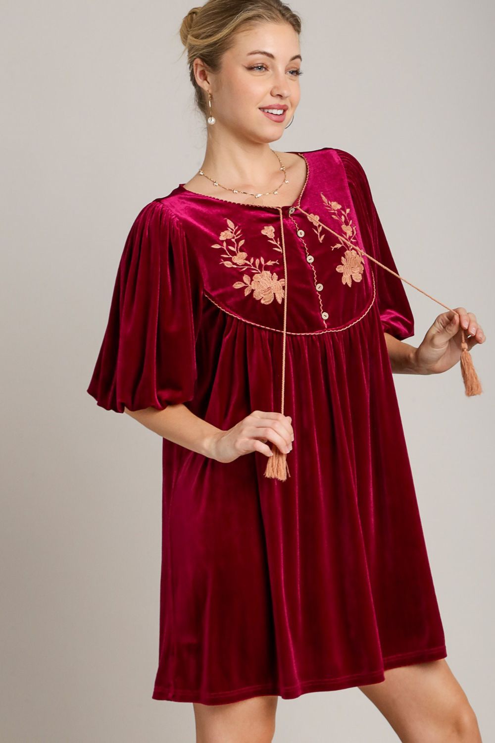 Umgee Velvet Mini Dress with Embroidered Half Sleeves and Tassels