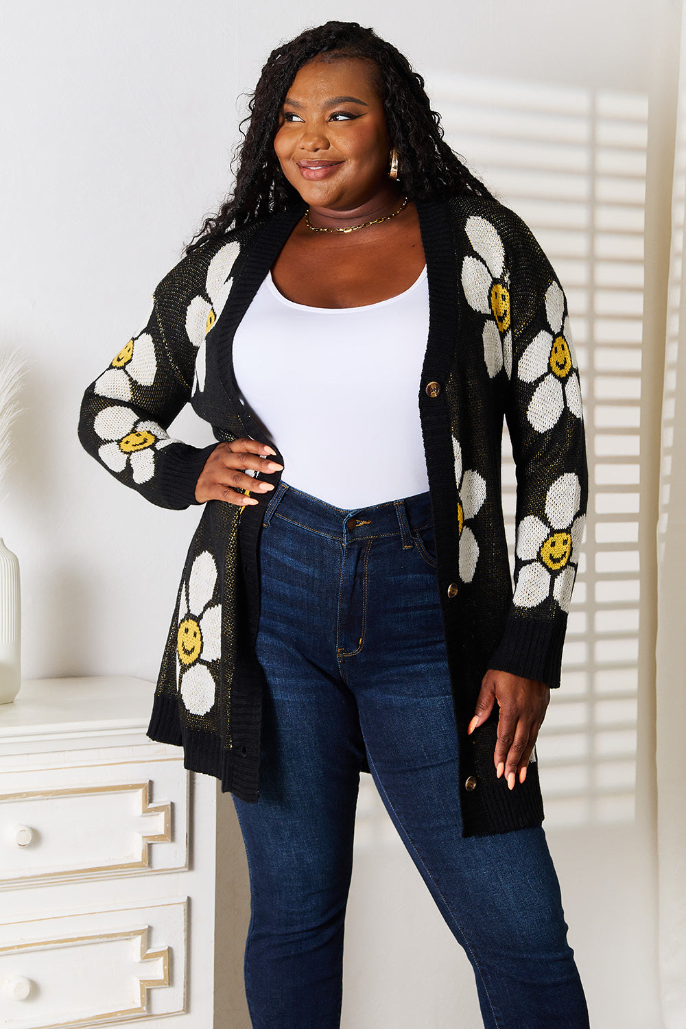 Stylish Floral Button Down Longline Cardigan with Ribbed Design