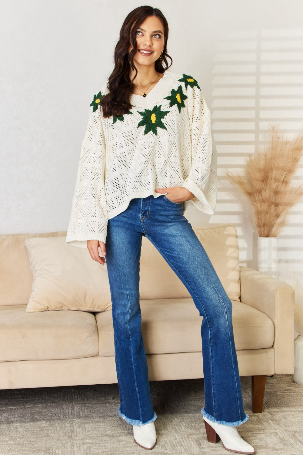 Luxurious Chenille Floral Embroidered V-Neck Sweater by POL