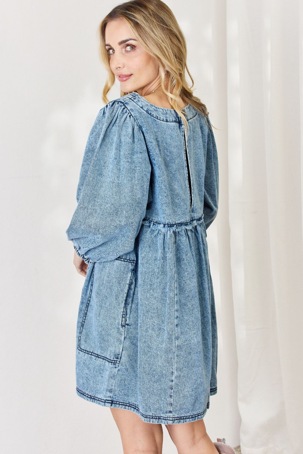 HEYSON Oversized Denim Babydoll Dress - Full Size Trendy Balloon Sleeve