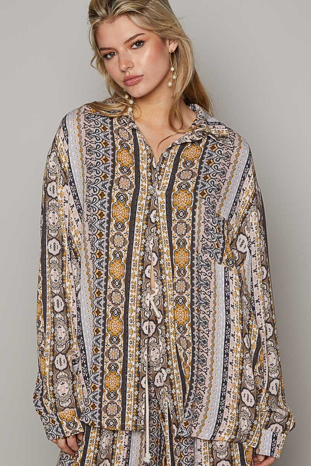 POL Long Sleeve Button Down Printed Shirt - Stylish Rayon Top for Versatile Outfits