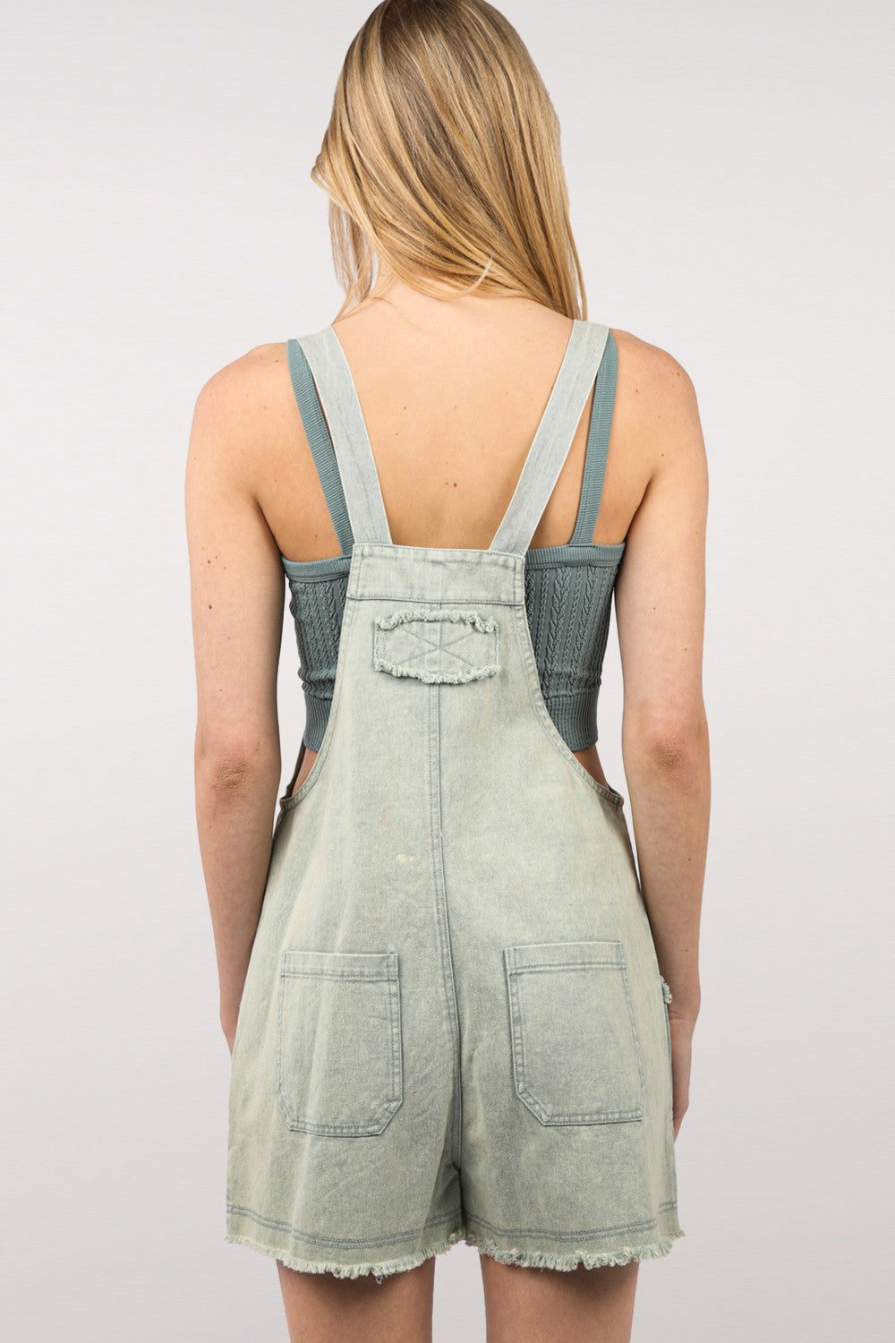 VERY J Eco-Friendly Washed Denim Overalls with Frayed Hem - Chic & Sustainable