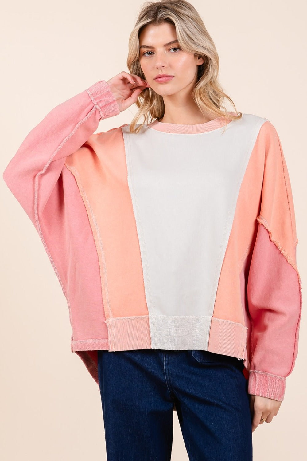 Mittoshop Mineral Wash Color Block Sweatshirt - Trendy Cotton Pullover