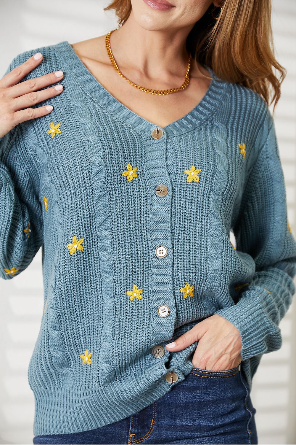 HEYSON Full Size Floral Embroidered Cable Knit Cardigan - Cozy & Elegant