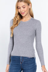ACTIVE BASIC Ribbed Knit Long Sleeve Top - Stylish Round Neck Women's Sweater