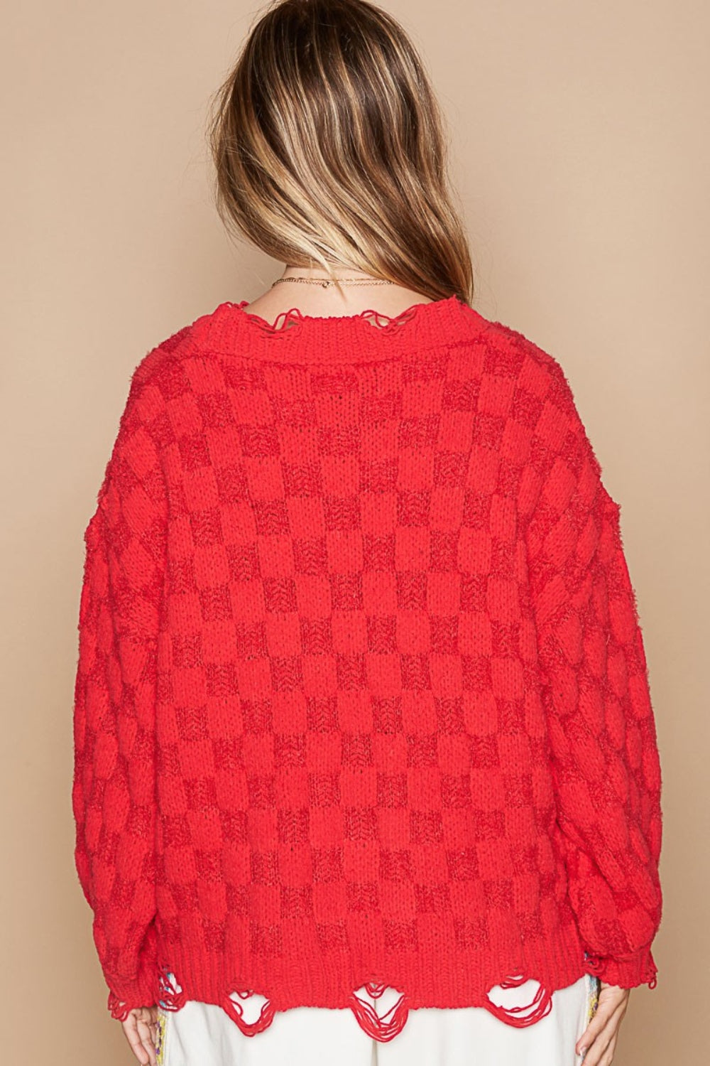 POL Checkered Distressed Edge Chenille Sweater - Trendy Oversized Fit