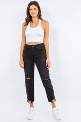 American Bazi Women's High Waist Distressed Cropped Jeans - Stylish Straight Denim