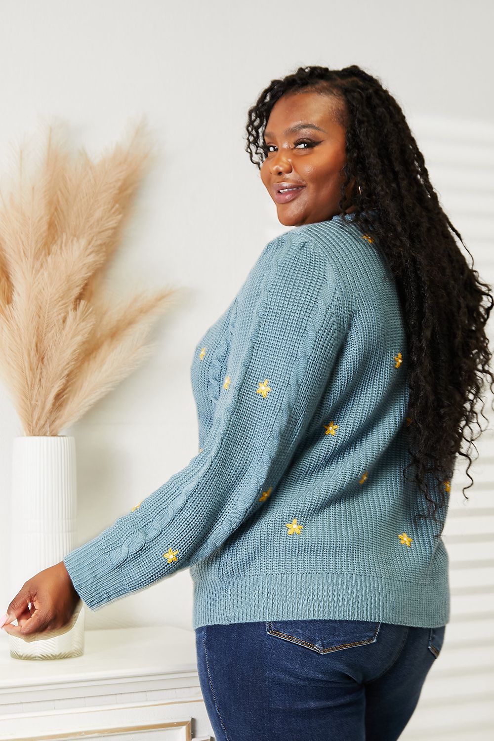 HEYSON Full Size Floral Embroidered Cable Knit Cardigan - Cozy & Elegant