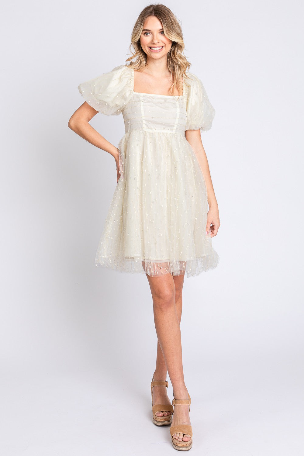 GeeGee Pearl Mesh Puff Sleeve Babydoll Dress - Elegant Special Occasion Wear