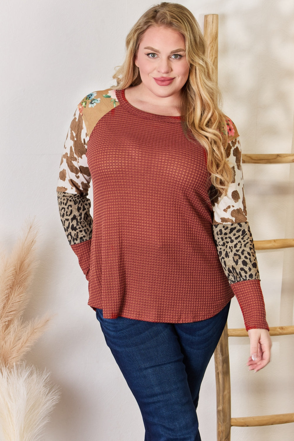 Hailey & Co Full Size Leopard Waffle-Knit Blouse – Trendy & Cozy Women's Fashion