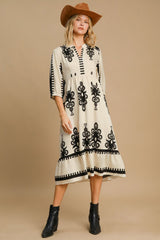 Umgee Women's Printed Notched Midi Dress - Chic & Versatile