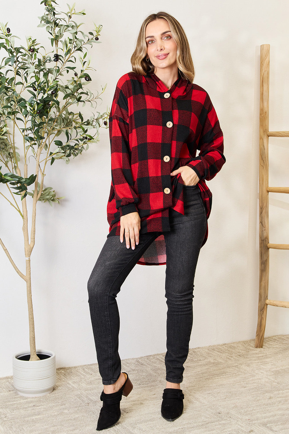 Heimish Full Size Plaid Hooded Button-Up Shirt - Trendy & Comfortable