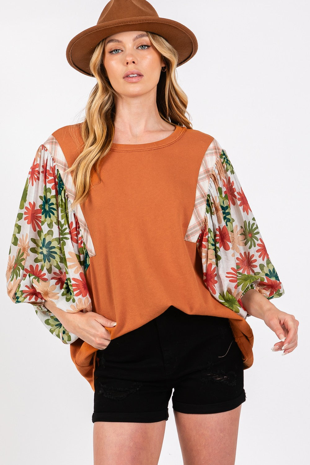 SAGE + FIG Full Size Printed Balloon Sleeve Contrast Top – Stylish Knit with Floral & Plaid Accents
