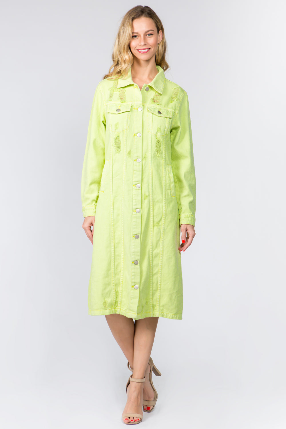 American Bazi Women's Button-Up Distressed Denim Dress - Timeless Style with Modern Edge