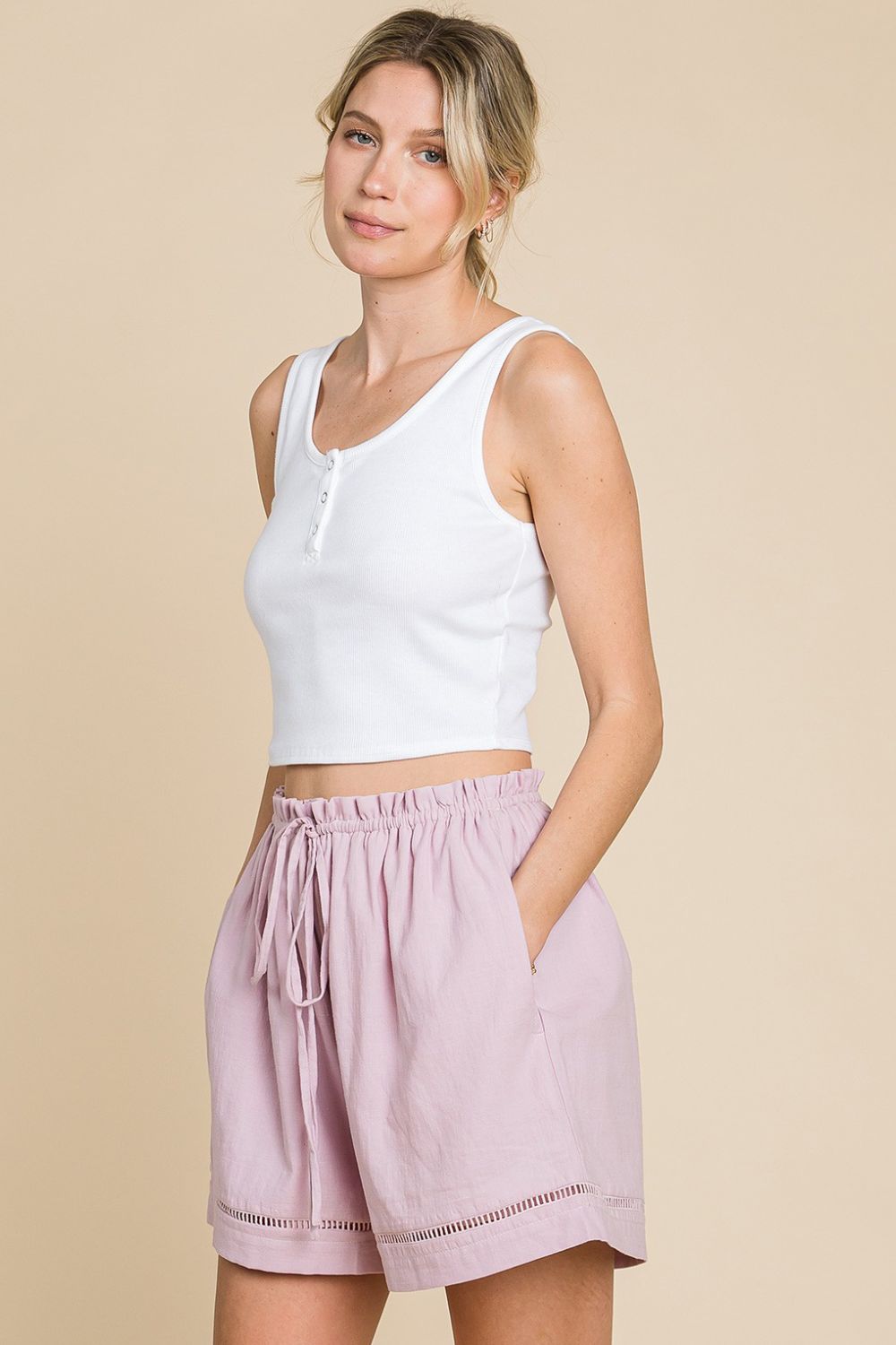 Cotton Bleu Women's High Waist Drawstring Shorts - Breathable Summer Fashion