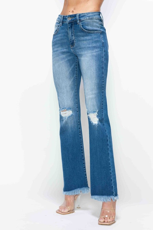 bytos Full Size Raw Hem Distressed High Rise Bootcut Jeans in blue with a flared bottom and ripped details, perfect for trendy outfits.