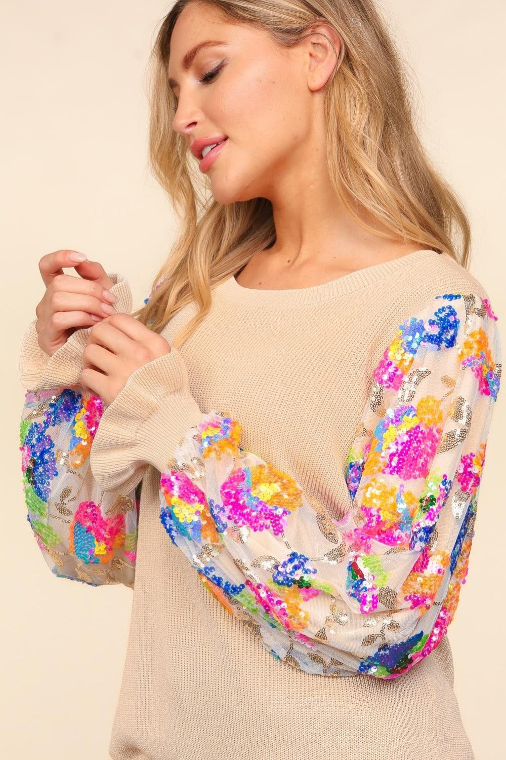 Haptics Floral Sequins Mesh Flounce Sleeve Sweater for Effortless Chic