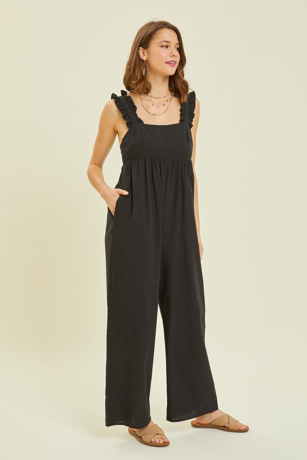 HEYSON Full Size Ruffled Strap Back Tie Wide Leg Cotton Jumpsuit - Trendy & Versatile