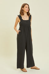 HEYSON Full Size Ruffled Strap Back Tie Wide Leg Cotton Jumpsuit - Trendy & Versatile