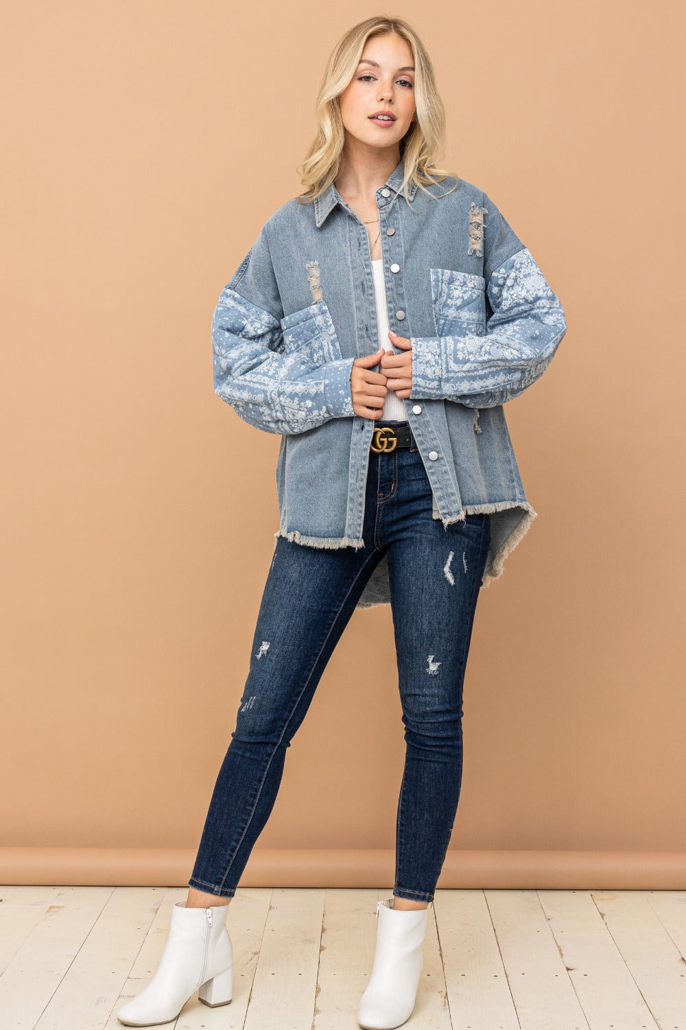 Trendy Paisley Print Quilted Sleeve Denim Jacket - And The Why