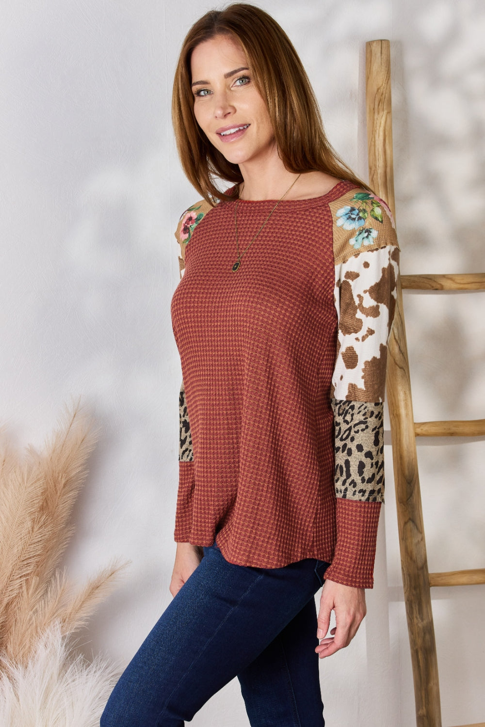 Hailey & Co Full Size Leopard Waffle-Knit Blouse – Trendy & Cozy Women's Fashion