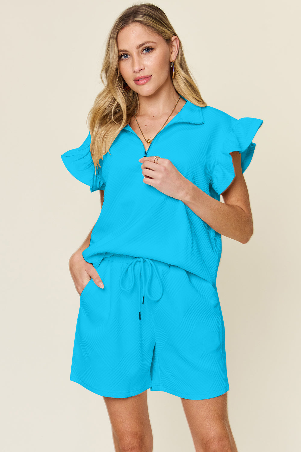 Trendy Flounce Sleeve Top & Drawstring Shorts Set - Double Take Collection