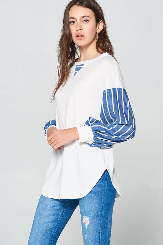 Super Lady French Terry Striped Long Sleeve Top - Chic Comfort for Every Season