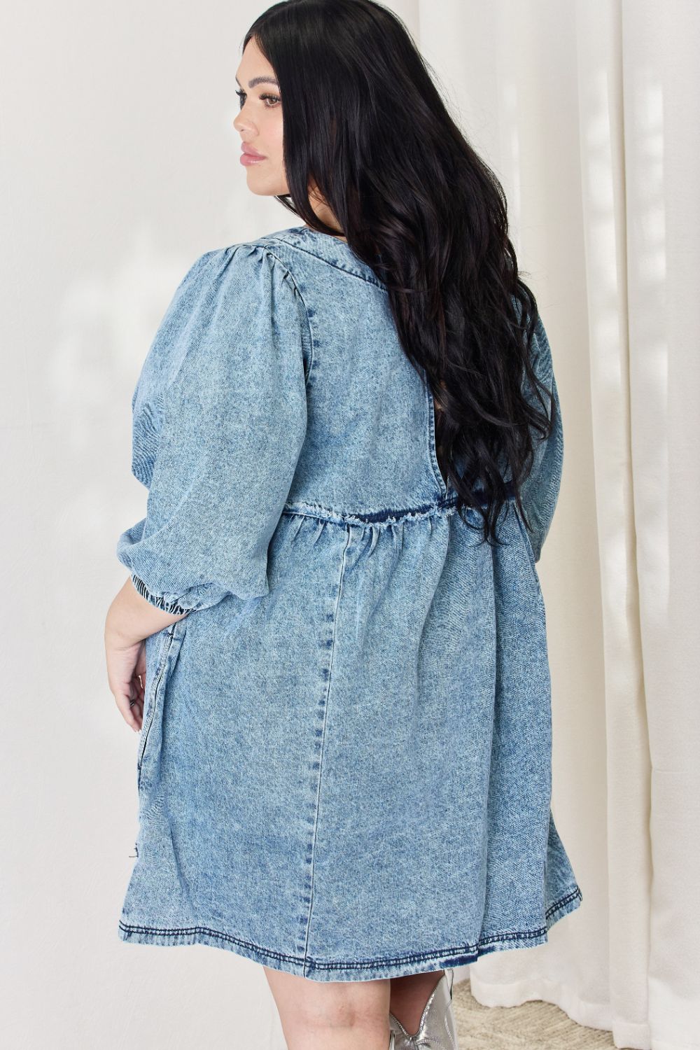 HEYSON Oversized Denim Babydoll Dress - Full Size Trendy Balloon Sleeve
