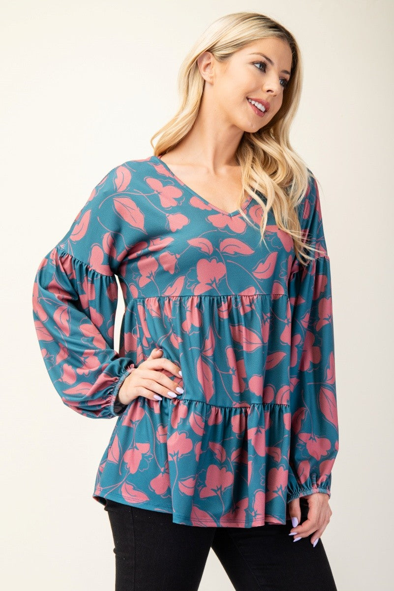 Celeste Women's Tiered Floral V-Neck Long Sleeve Blouse - Elegant & Chic