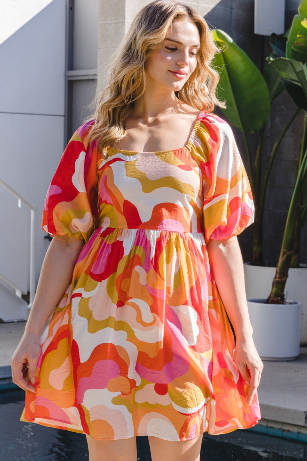 ODDI Full Size Printed Tie-Back Short Sleeve Mini Dress - Versatile & Trendy