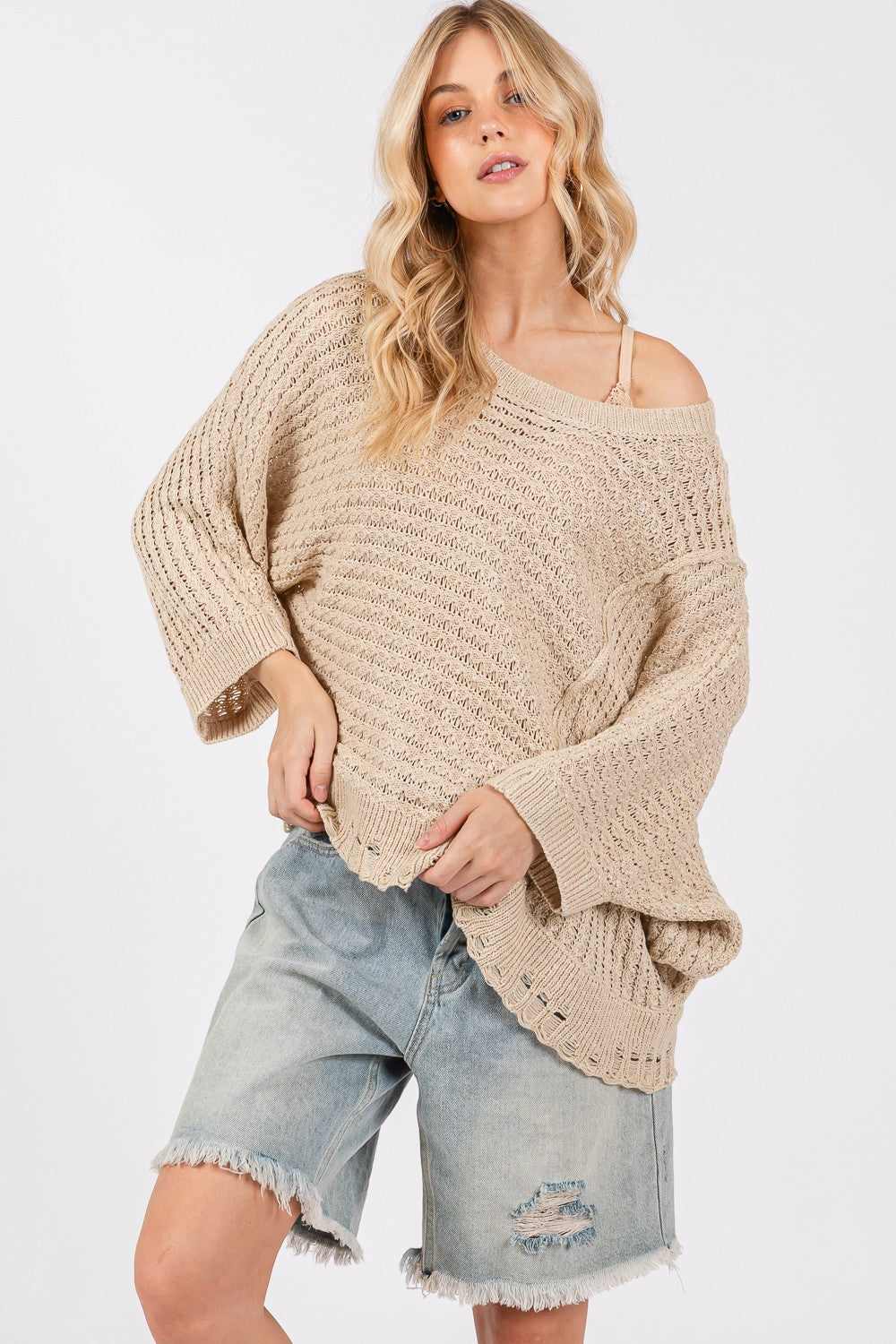 SAGE + FIG Women's Distressed Asymmetrical Open Stitch Sweater - Trendy & Comfortable Pullover