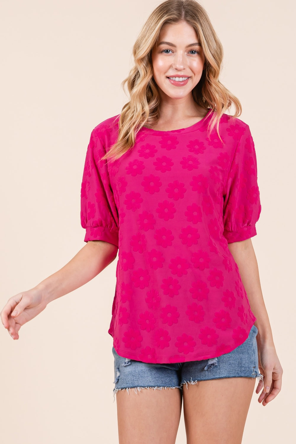 Elegant BOMBOM Textured Floral Pattern Top - Versatile Women's Fashion