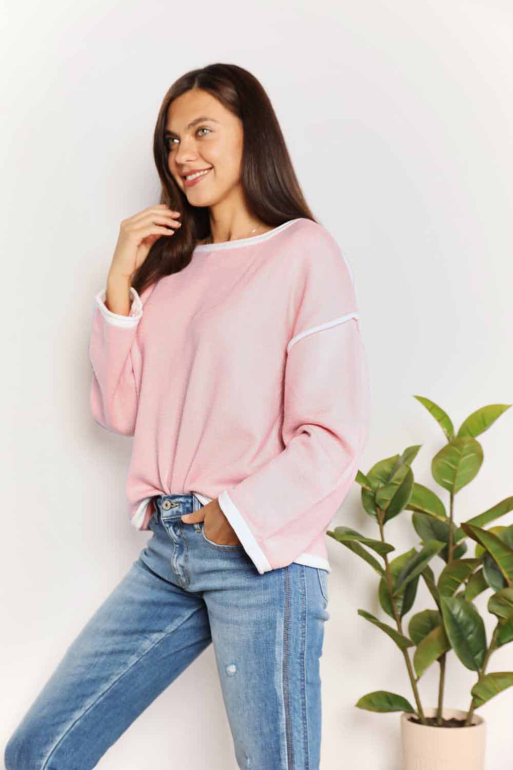 Contrast Detail Dropped Shoulder Knit Top - Elegant Boat Neck Pullover