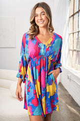 White Birch Full Size V-Neck Mini Dress with Eye-Catching Print