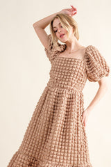 Elegant Full Size Square Neck Puff Sleeve Dress - Smocked & Opaque