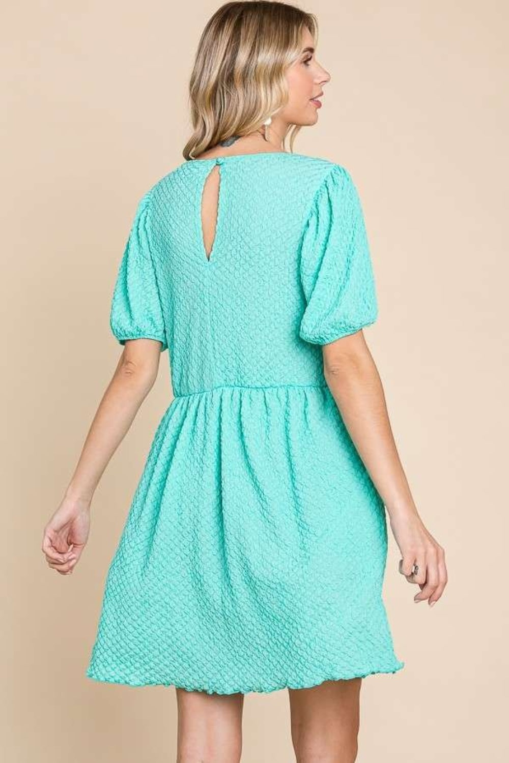 Culture Code Textured Round Neck Puff Sleeve Dress with Pockets